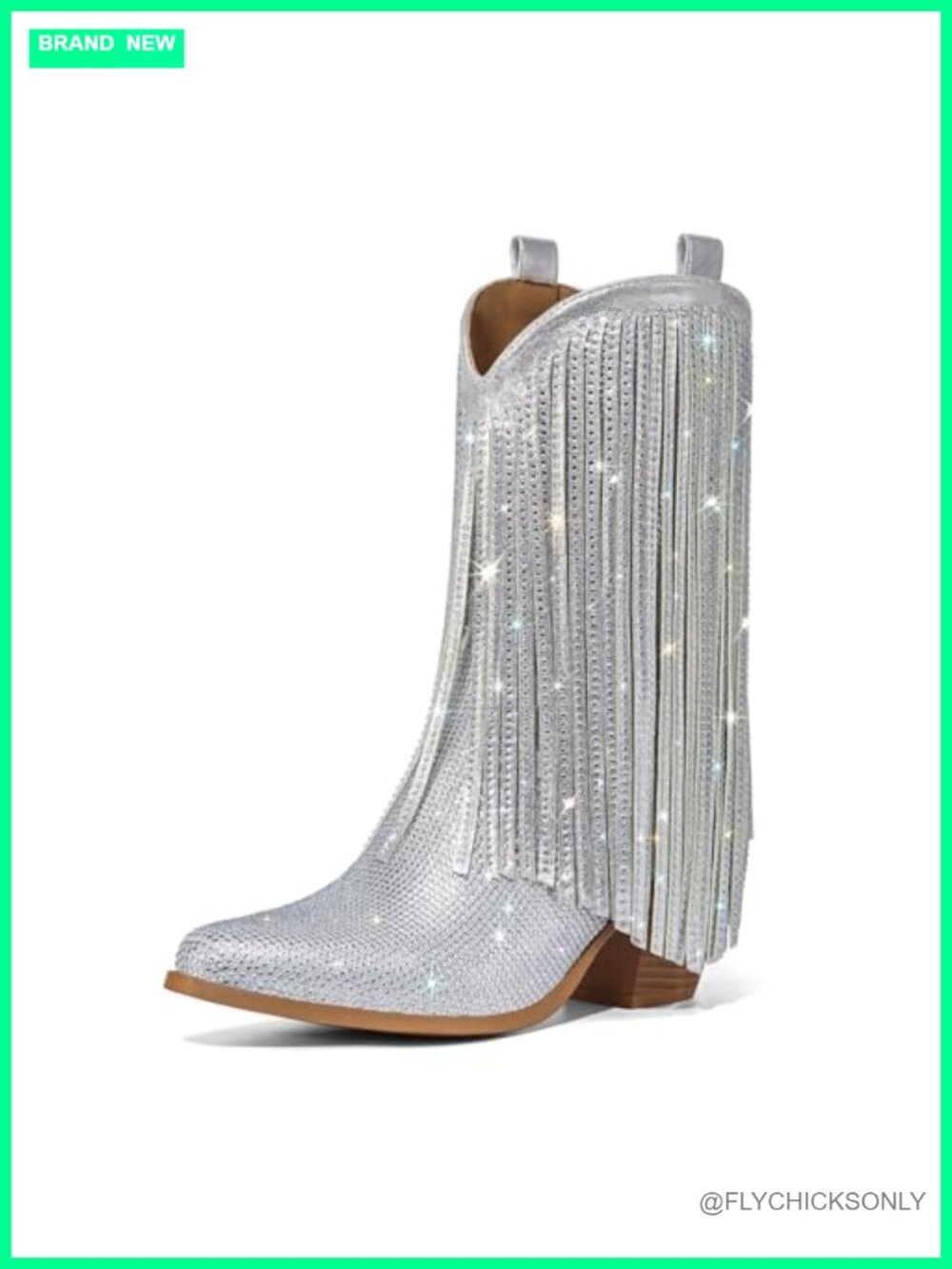 Rhinestone Fringe Cowboy Boots Pointed Toe Chunky Heel Mid-Calf Western